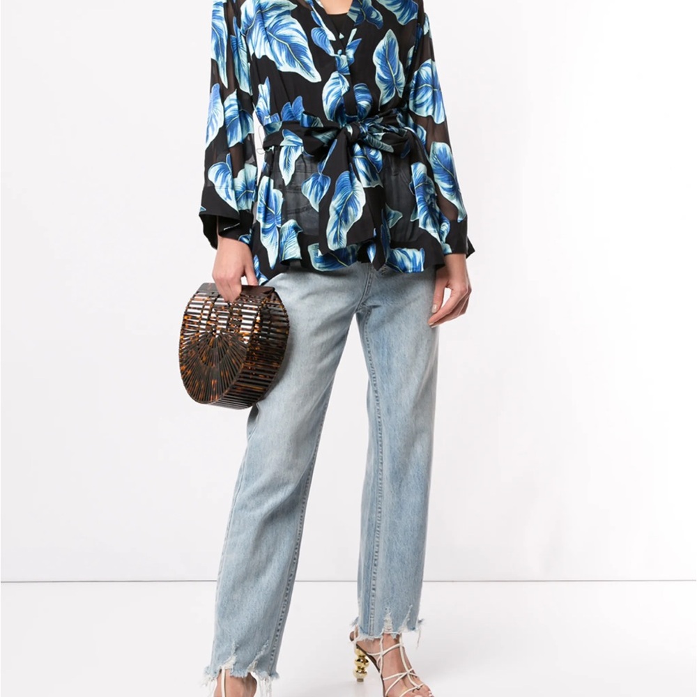 Alice + Olivia Floral Blue and Black Blouse with Light Blue Jeans